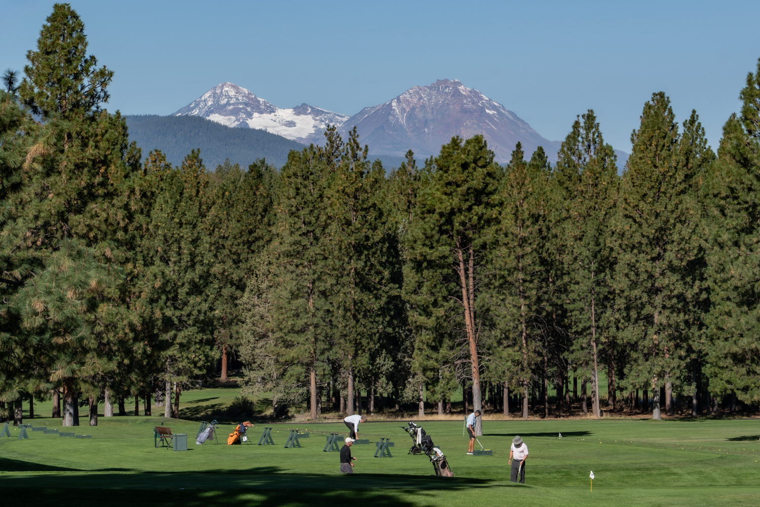 Awbrey Glen Golf Club practice area with Cascade Mountain views in Bend, Oregon